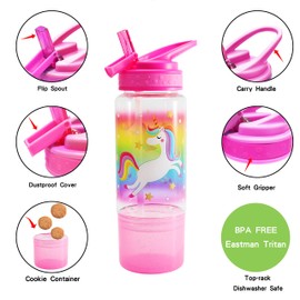 Home Tune 18oz Kids Water Drinking Sip Bottle - Tritan BPA Free, Flip Straw Lid, Easy Open, Lightweight, Snack Compartment, Leak-Proof Water Bottle with Cute Design For Girls & Boys - Flamingo