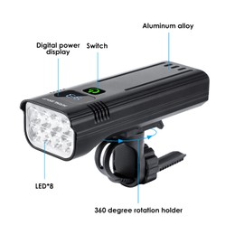 10000 Lumen Super Bright Bike Light 8 LEDs 5 Modes USB Rechargeable Bike Headlights 360° Rotatable Waterproof Bicycle Headlight Runtime 38+Hrs Digital Display Bike Lights for Night Riding,Taillight