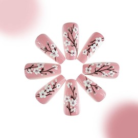 Pink Press on Nails Medium Coffin Fake Nails Sakura Flower Acrylic Nails 3D Floral False Nails Glossy Glue on Nails Stick on Nails Cute Artificial Nails for Women Girls Manicure 24Pcs