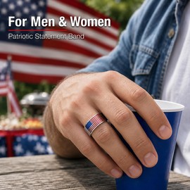 LuvQaze American Flag Ring for Men, Stainless Steel US Flag Band with Red Blue Enamel, Patriotic Military Jewelry Gift for Veterans Day Father's Day, Size 9