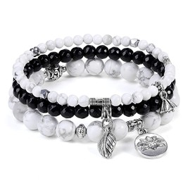 JSDDE Jewellery Wrap Bracelet Multilayer Bracelets Set Friendship Bracelet Partner Bracelets Made of Gemstones Healing Stones with Lotus Leaves Pendant for Women, Base Metal, White Howlite