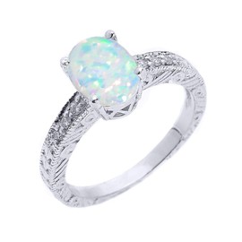 Sterling Silver Art Deco Opal and CZ Birthstone Ring (Size 9)
