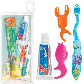 Practicon FlosSeas Child Dental Care Kit, Travel Size Bundle w/Toothbrush, Crest Toothpaste and Flossers, TSA Friendly Kids Oral Care Kit | Practicon