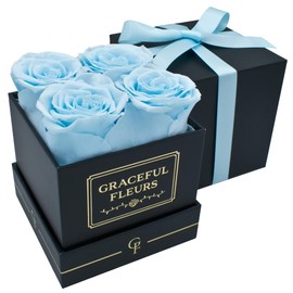 Graceful Fleurs | Real Long Lasting Roses for Years | Preserved Fresh Flowers for Delivery Birthday | Forever Roses in a Box | Valentines Gifts for Her (Baby Blue, Black Box, 4 Roses)