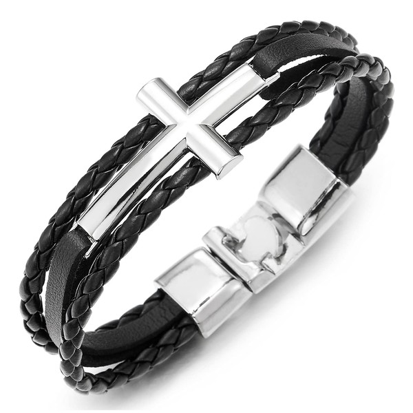 Horizontal Sideway Lateral Cross Black Braided Leather Bangle Wristband Bracelet,