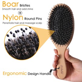 Hair Brush-Boar Bristle Hair Brushes for Women Man and Kids, Detangler Brush for Long Short Thick Thin Curly Straight Wavy Hair, Wooden Comb & Travel Bag Included, Approved by Gift（Large）