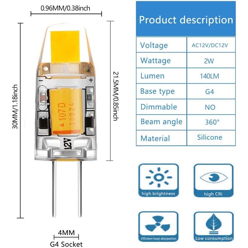 VINBE G4 COB LED Lamp AC/DC12V 2W 140lm Warm White