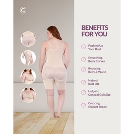 CURVEEZ Bodysuit for Women Tummy Control Shapewear - Seamless Full Body Shaper Mid-thigh Bodysuit - Medium Compression Level (Nude - Large)