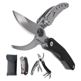 Multifunktionale 7 in 1 Tragbare Schere mit Säge, Cutter, Rinde Schaufel, Edelstahl Bypass-Gartenschere mit abschließbaren Klingen für Draussen Camping