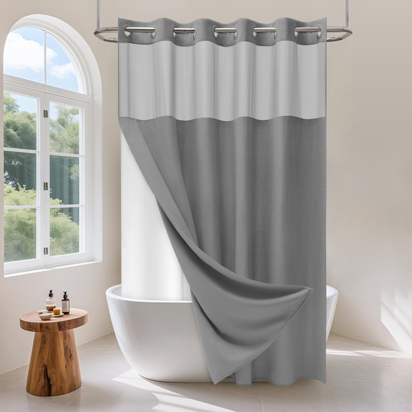 PILOTSHARK Hookless Waffle Weave Shower Curtain Set with Snap-in Fabric