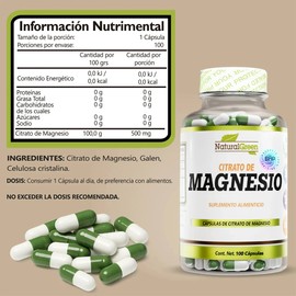 Citrato de Magnesio Natural Green 500mg - 100 Cápsulas Veganas Sin Gluten