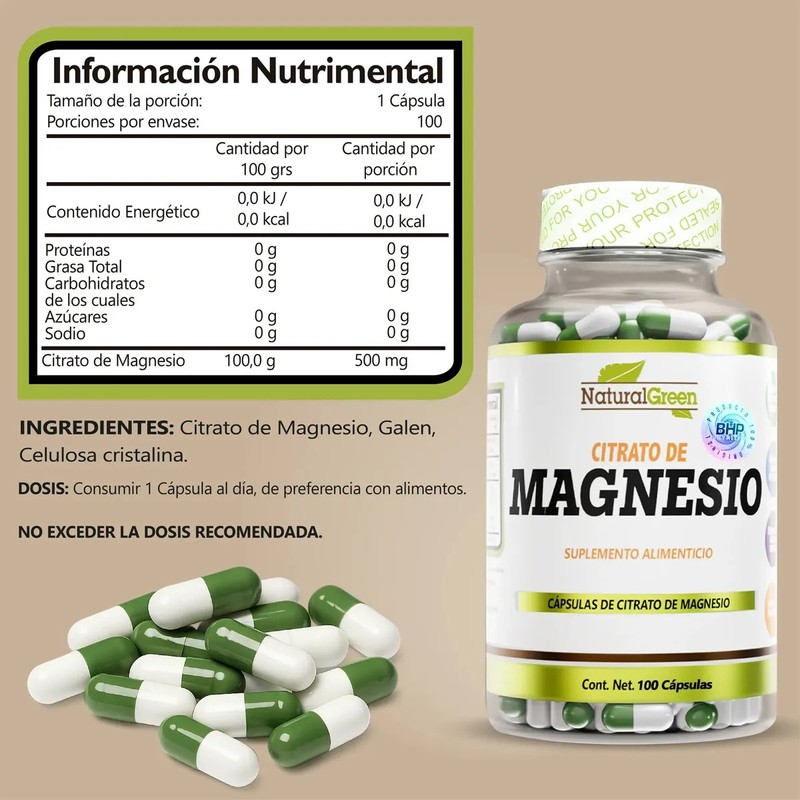 Citrato de Magnesio Natural Green 500mg - 100 Cápsulas Veganas