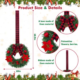 6 Pcs Mini Christmas Wreath with Bow Poinsettia Flowers and Berry,10 inch Small Christmas Door Wreath for Kitchen Window Chair Wall Decor