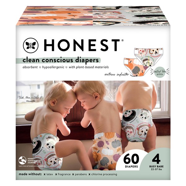 The Honest Company Clean Conscious Diapers | Plant-Based, Sustainable | Fall '23 Limited Edition Prints | Club Box, Size 4 (22-37 lbs), 60 Count
