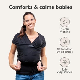 CuddleBug Baby Wrap - Hands-Free Baby Wrap Carrier - Soft & Stretchy Wrap - Baby Carrier Newborn to Toddler 7-35 lbs - One-Size-Fits-All Baby Holder Wrap - Hip-Healthy Baby Wrap Sling (Black)