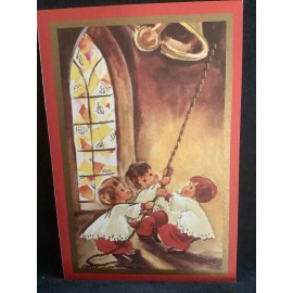 Vintage Christmas Greeting Card alter boys ringing the church bell Unused+env