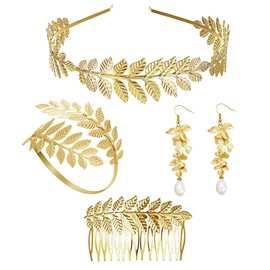 JeweBella 4 Pieces Greek Goddess Costume Jewellery Set Women's Gold Roman Laurel Leaf Crown Headbands Bracelet Bangle Upper Arm Pearl Dangle Earrings Wedding Bridal Headpiece Toga Party, Brass, Pearl