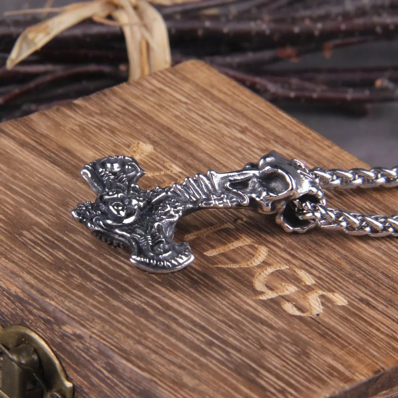 Vikings Collar Martillo Thor Calavera Celta Nórdico + Caja Madera