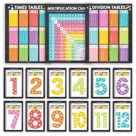 Hadley Designs Multiplication Chart Poster Set - 9 Math Posters for Classroom & Homeschool, Times Tables, Skip Counting, and Division Posters for 2nd-5th Grade, Chalkboard Classroom Decor