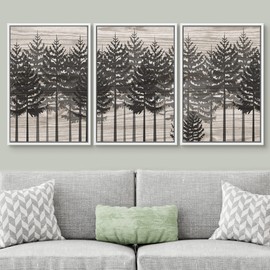 SIGNWIN Framed Canvas Print Wall Art Set Dark Pine Tree Forest Silhouette Collage Nature Wilderness Wood Panels Modern Art Relax/Calm for Living Room, Bedroom, Office - 24"x36"x3 White