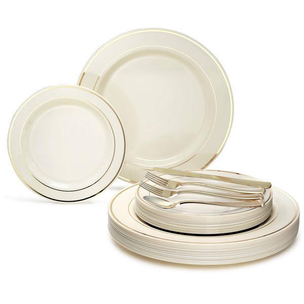 " OCCASIONS" 150Piece set (25 Guests)-Wedding Plastic Plates & cutlery -Disposable heavyweight Dinnerware 10.5'', 7.5'' + Silverware w/double fork (Ivory & Gold Rim)