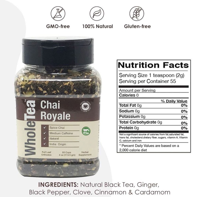 WHOLETEA Natural Chai Royale, 4 oz(113.5 gm) Full Leaf Gourmet