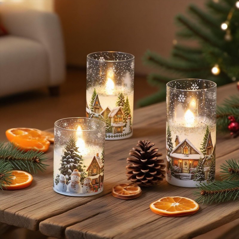 DRomance Snowman House Glass Flameless Candles Battery Operated with Remote