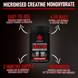 Stronglife Creatine Tablets - 180 Tablets, 4500mg Daily Serving, 1500mg per Tablet, 60-Day Supply, Monohydrate Micronised for Optimal Absorption, Boosts Muscle Growth, Performance, Energy & Hydration