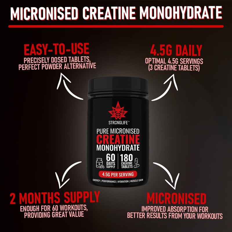Stronglife Creatine Tablets - 180 Tablets, 4500mg Daily Serving, 1500mg
