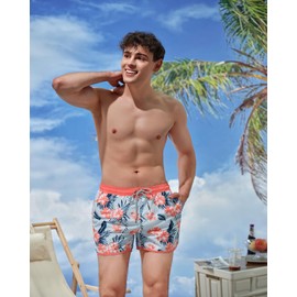 SURF CUZ Mens Swim Trunks 5" Swim Shorts Vintage Bathing Suits with Mesh Lining 80s 90s Retro Swimwear Board Shorts,01 Peach Blossom-Pink Blue,M