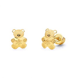 14k REAL Yellow Gold Bear Stud Earrings with Screw Back