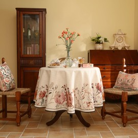 bilin gaier French Linen Round Tablecloth,Vintage Pink Table Cloth with Floral Pattern,Wrinkle Resistant Tablecloths,Decor Table Cover for Kitchen,Dining,Tea Party,Home,Christmas,Diameter 55"