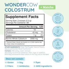 WONDERCOW WONDERCOW Colostrum Supplement Powder for Gut Health, Immune Support, Muscle Recovery & Wellness | Natural IgG Pure Whole Bovine Colostrum Superfood, Matcha, 60 Servings