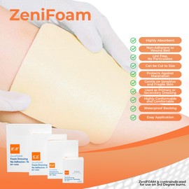 ZeniFOAM Polyurethane Foam Dressing 8" x 8" - No Border, No Adhesive, Sterile, Highly Absorbent for Heavy Wound Drainage, Non-Stick and Lint-Free Pad, Latex-Free, with Waterproof Backing (10pcs/Box)