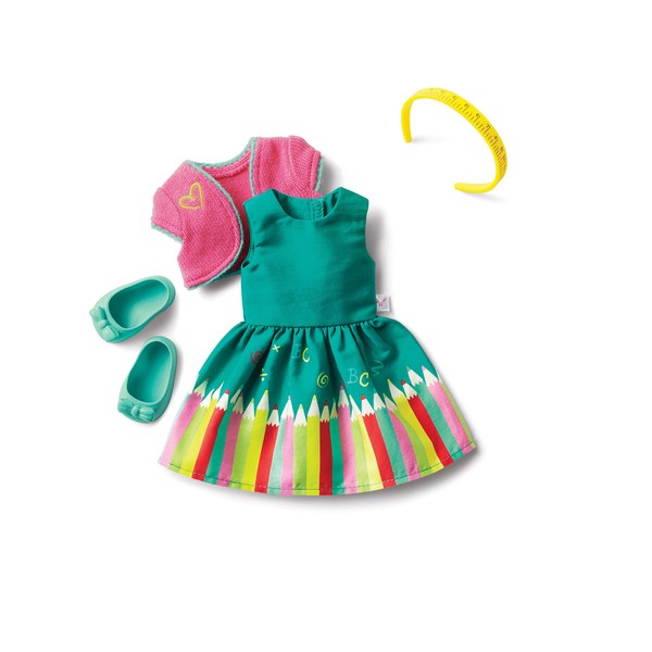 American Girl WellieWishers Colorful ABCs Outfit for 14.5-inch Dolls with a Teal Pencil Print Dress, Short-Sleeved Pink and Yellow Cardigan, Ages 4+