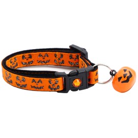 Collar de gato de Halloween con campana, cuello de seguridad separable | Collar ajustable de tamaño grande o collar de gatito (caras Jack-O-farol, S (10 libras y menos))