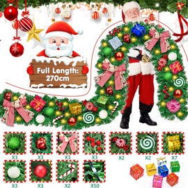 ZZXLOPEZ Artificial Christmas Garland, 2.7 m with 50 LEDs, Warm White Fairy Lights, Includes Decoration, Christmas Wreath, Artificial Green Fir Garland, Christmas Decoration, Indoor and Outdoor