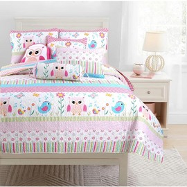 Home Sweet Pink Owl Print Stripe Girl Reversible Quilt Bedding Set - Size: Queen Set with Décor Pillows