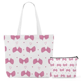 Aesthetic Bow Canvas Tote Bag Beach Tote Bag for Women with inner Pocket, Cute Bachelorette Girls Weekend Gifts for Women Sister Bow Lovers Birthday Reusable Shopping Grocery Bags with Makeup Bags