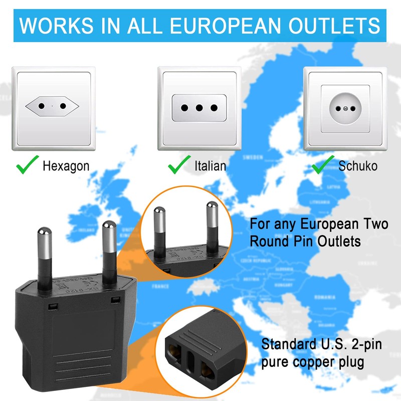 6 Pack US to European Travel Plug Adapter- Type C
