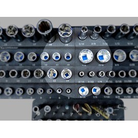 ToolGear Socket Organizer, Easy to Read Size labels, 80 sockets w/added 50 hex bit holder, holds deep & shallow sockets, metric & standard, 3/8 and 1/4 inch drive socket holder, tool organizer trays
