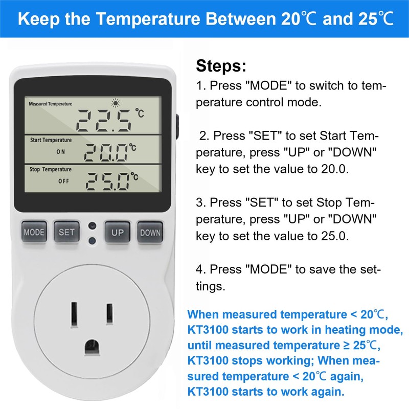 KETOTEK Digital Thermostat Outlet Plug Temperature Controller Outlet Socket 120V
