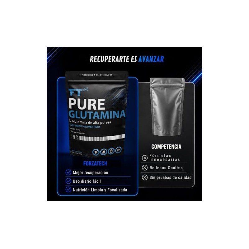 ForzaTech Glutamina Micronizada 100% Pura en Polvo 500g 100 servicios