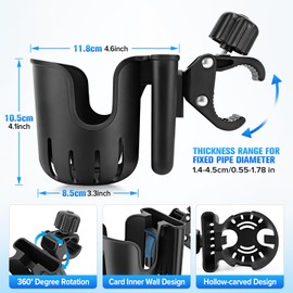 Stroller Cup Holder with Phone Holder, 2-in-1 Universal Cup Holder for Walker, Wheelchair, Bike, Scooter, Fits Most Cup, Black