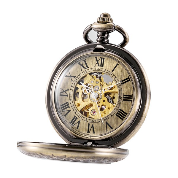 TREEWETO Automatic Mechanical Pocket Watch Magnifier Case Steampunk Skeleton Roman