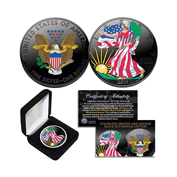 Black Ruthenium & Colorized 2-Sided 1 Troy Oz .999 2019 Silver Eagle Coin w/Box