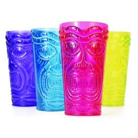 Black Duck Brand Set of 4 Party Tiki Cups! BPA Free 16 Ounce Tumbler Drinkware Set Luau Shape! 4 Bright Colors! Tiki Mugs! Reusable Plastic Party Cups!