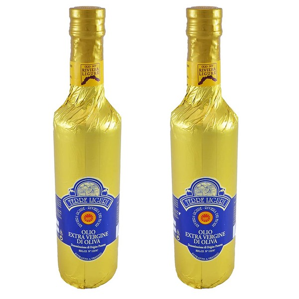 Riviera Ligure extra virgin oil pdo has got by olives called Taggiasche, lt 0,50 (17,6 ounce) x 2 gold cover bottle