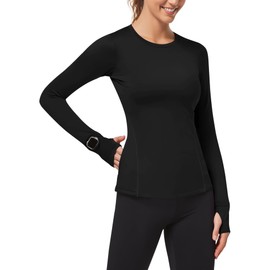 Loovoo Long Sleeve Workout Tops for Women Running Thermal Shirts with Zipper Pocket Soft Fleece Lined Underwear Yoga Tops Gym Shirts Woman Black M