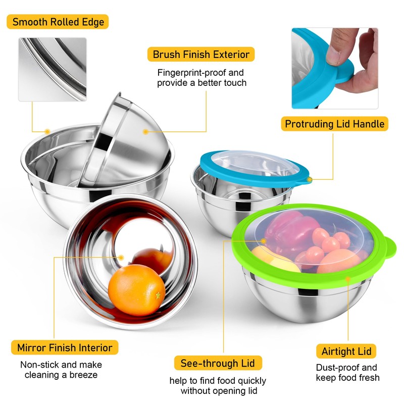 P&P CHEF Mixing Bowl with Lid Set, 7 Pieces Stainless